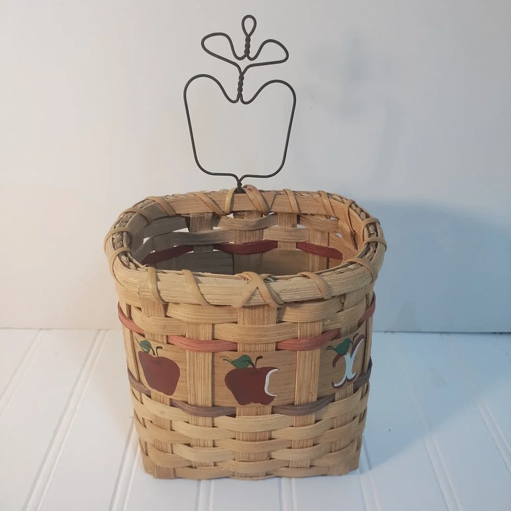 Vintage Swords Woven Wood Wire Apple Wall Pocket Basket Cottage Farmhouse Red